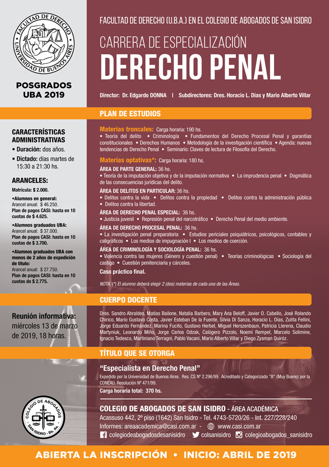 Derecho Penal. Carrera de especialización | Colegio de Abogados de San  Isidro (CASI)