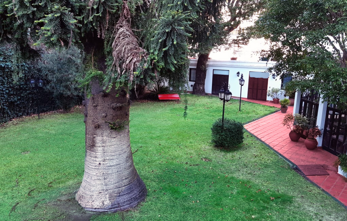 Un banco rojo en el parque del Colegio