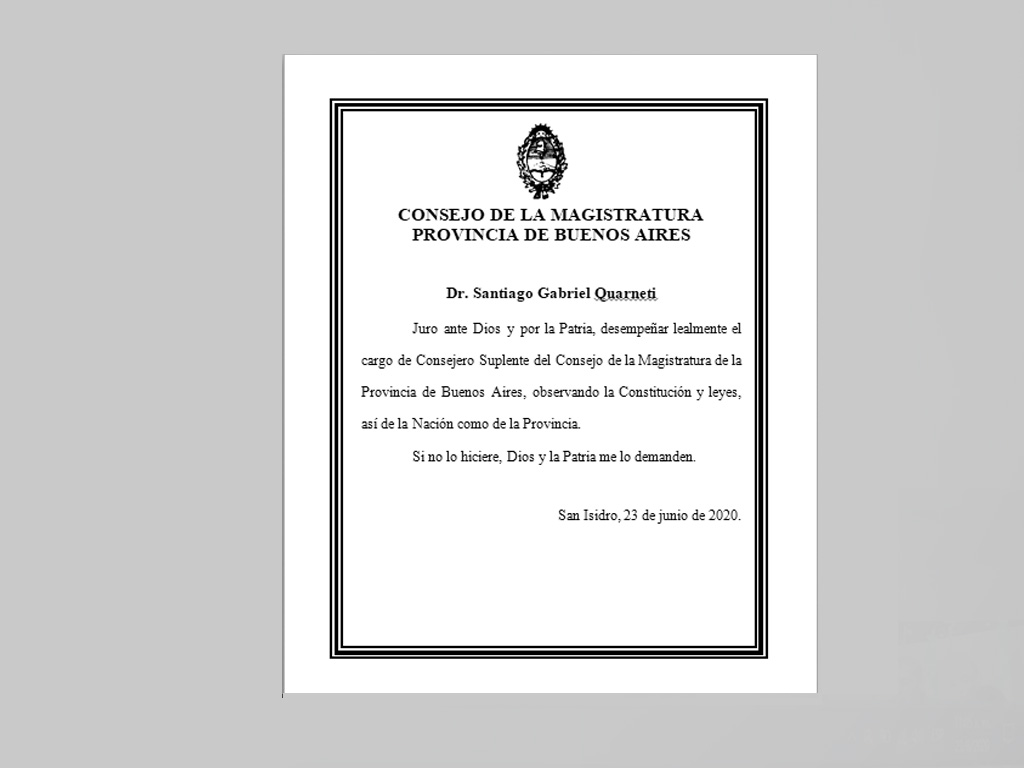 El Dr. Santiago Quarneti juró ante el Consejo de la Magistratura bonaerense - fórmula-